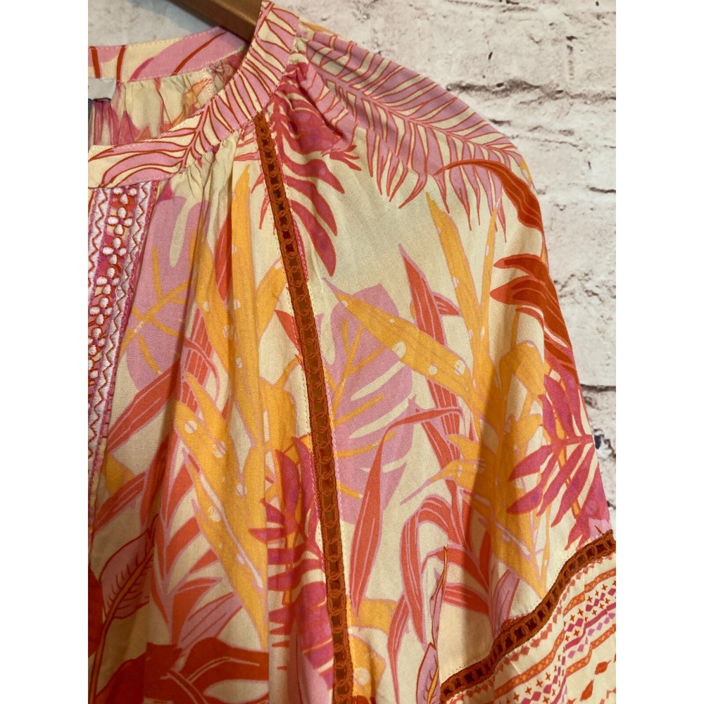 Haute Hippie Peasant Top Womens Medium Beaded Tassels Monstera Print Pink‎ Boho - Picture 7 of 14